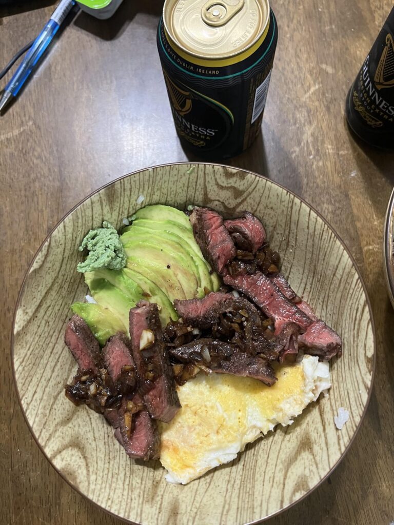 Wagyu Don with fried egg and avocado.