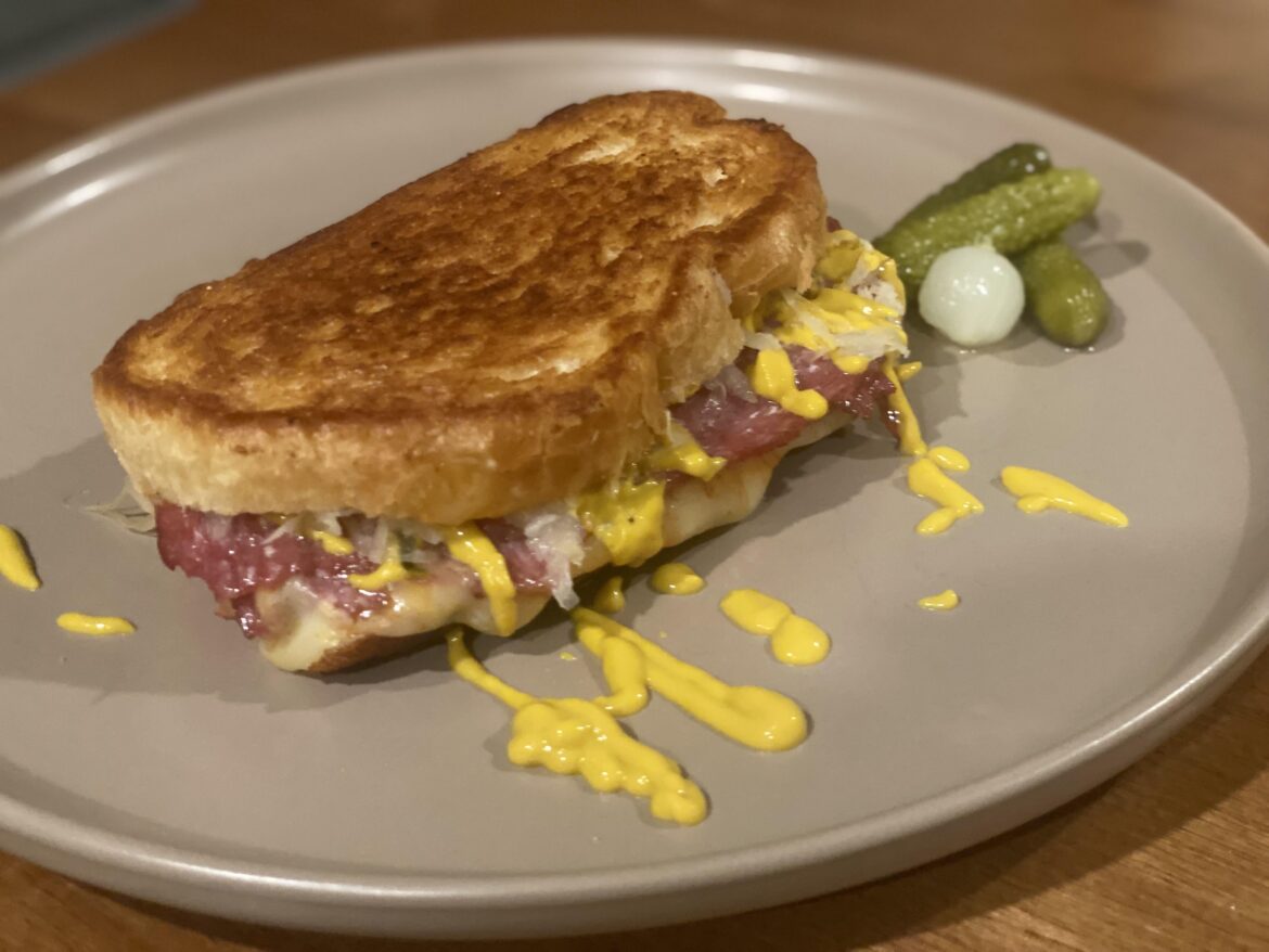 Amish munster and Lebanon bologna, kraut and yellow mustard