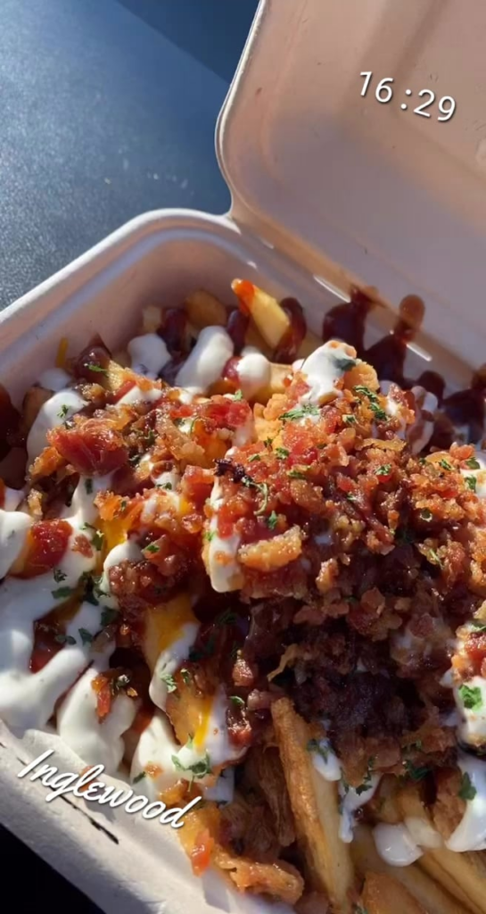 Bbq bacon ranch chicken fries and Lemon garlic crab & shrimp fries from “Mr Fries Man” in Inglewood, CA