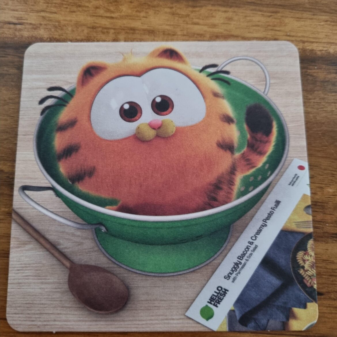 coaster that came with the hello fresh box, missed opportunity to make the meal in the corner lasagna 😢