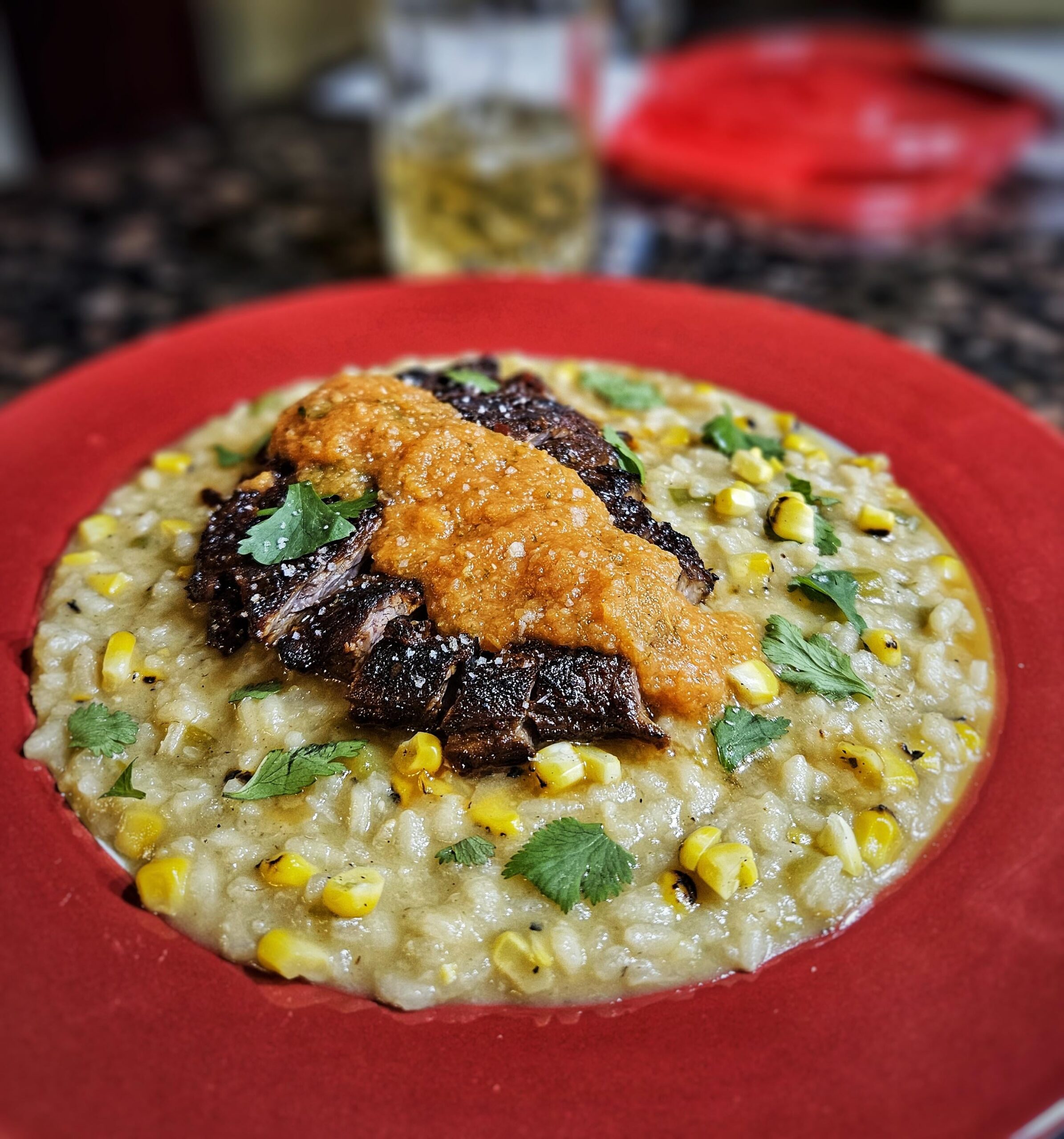 Does this count? Roasted corn and green chile risotto with carne asada