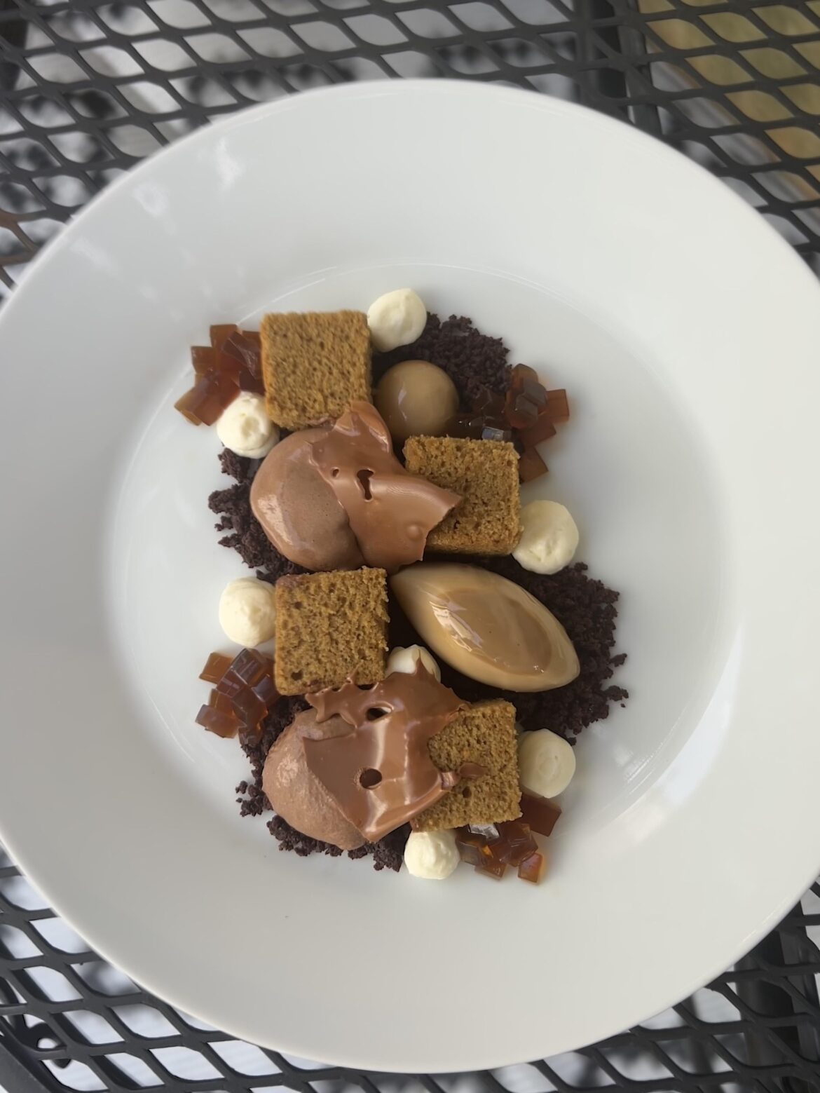 Coffee cake, coffee panna cotta, coffee jellies, dark chocolate mousse, chocolate crumble, whipped mascarpone, milk chocolate shards