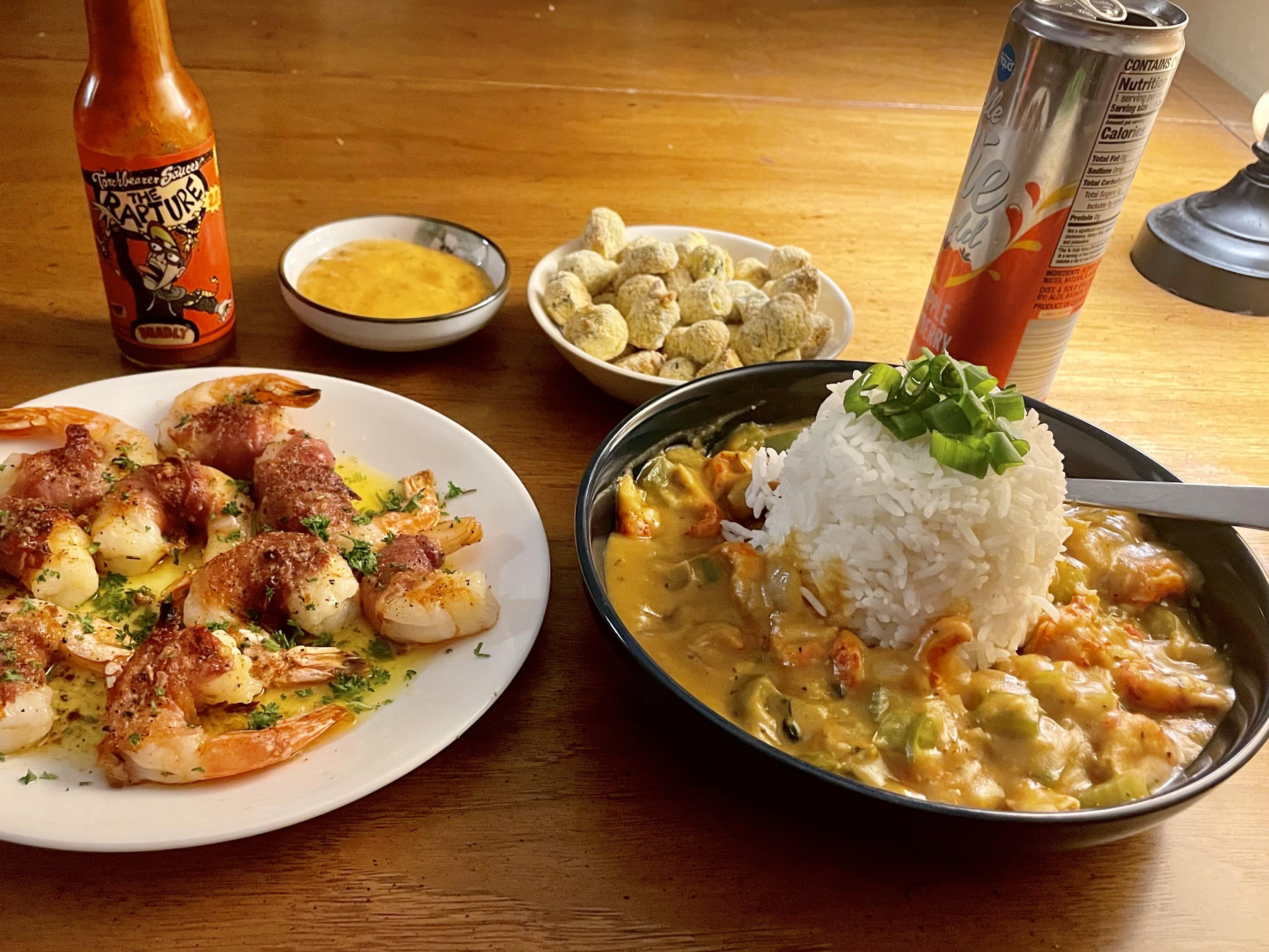 Made prosciuttowrapped shrimp, fried okra, and crawfish étouffée