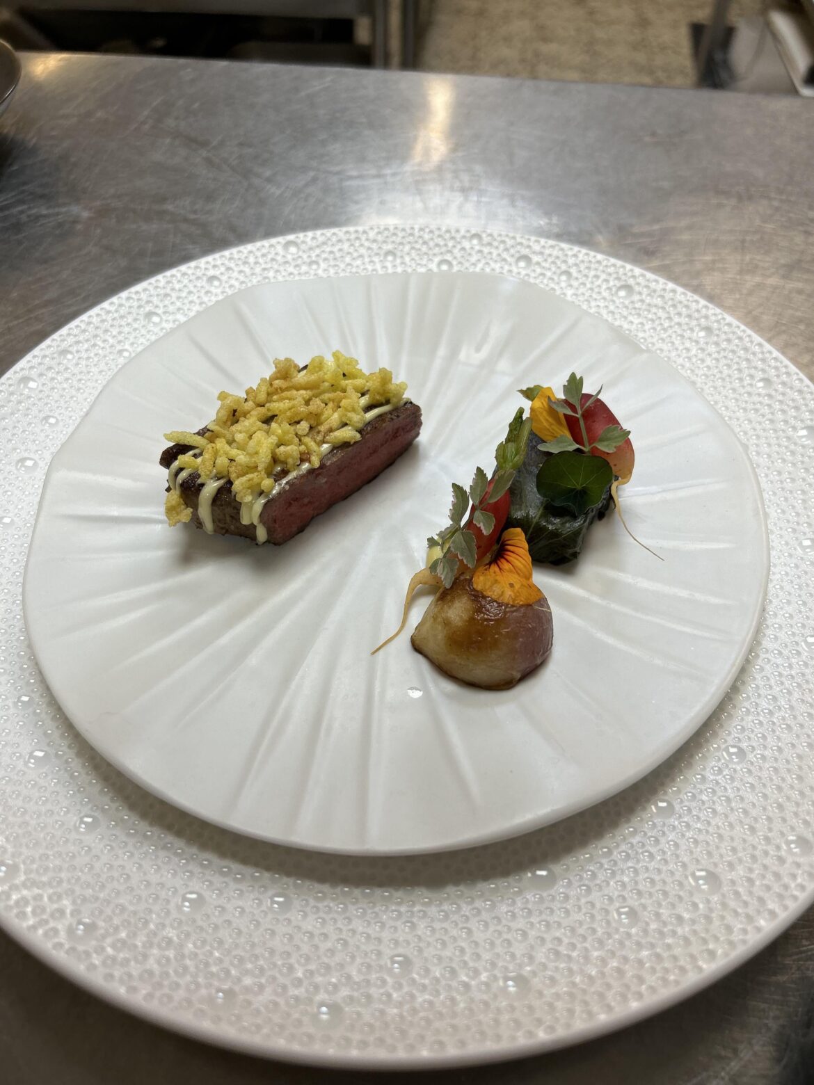 Dairy cow, puffed rice, radish preparations, pickled shiso