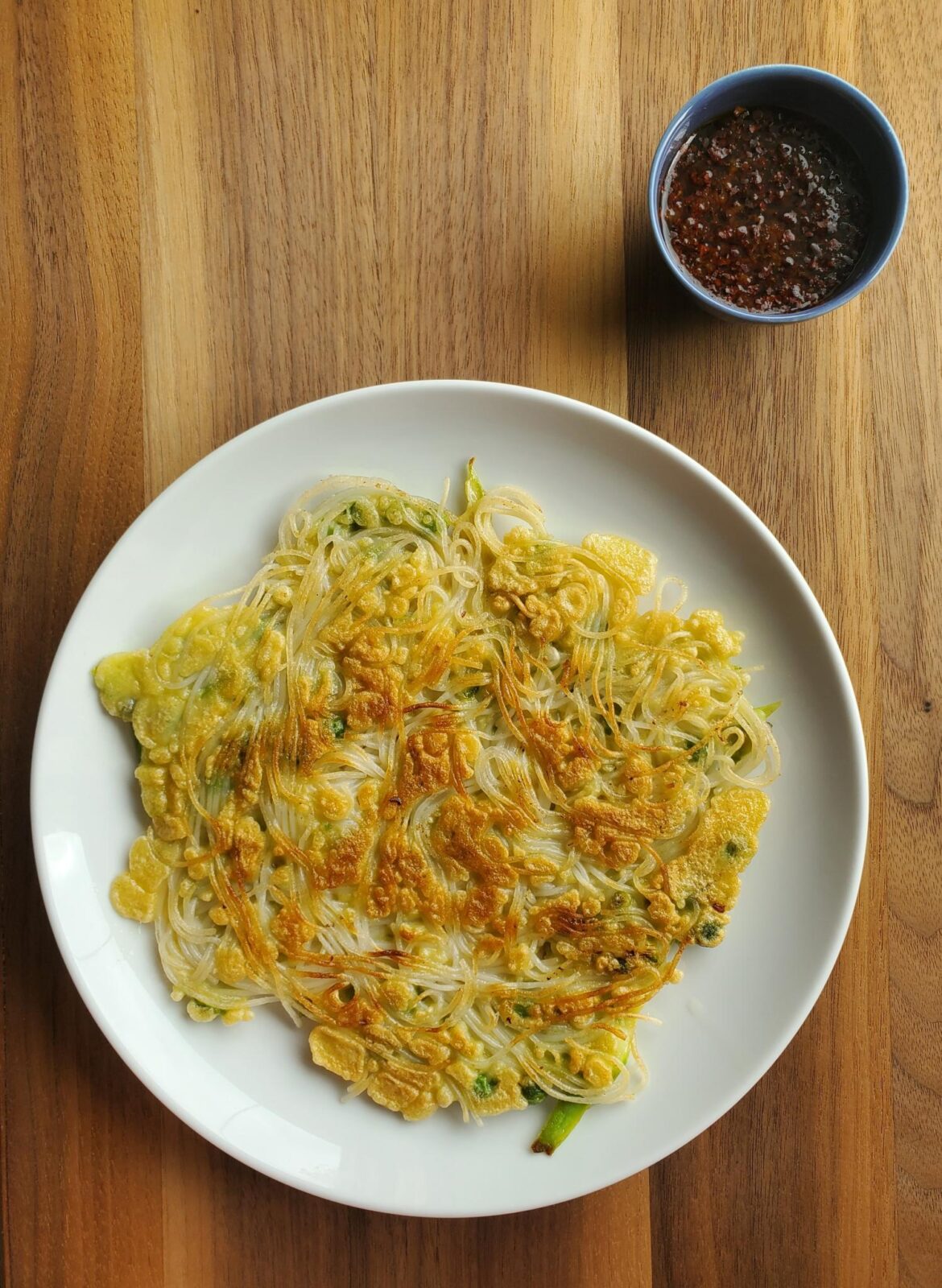 Improvised somyeon, asparagus, and pea jeon inspired by the weather, leftovers I'm trying to use up, spring produce, and Hiroshima-style okonomiyaki