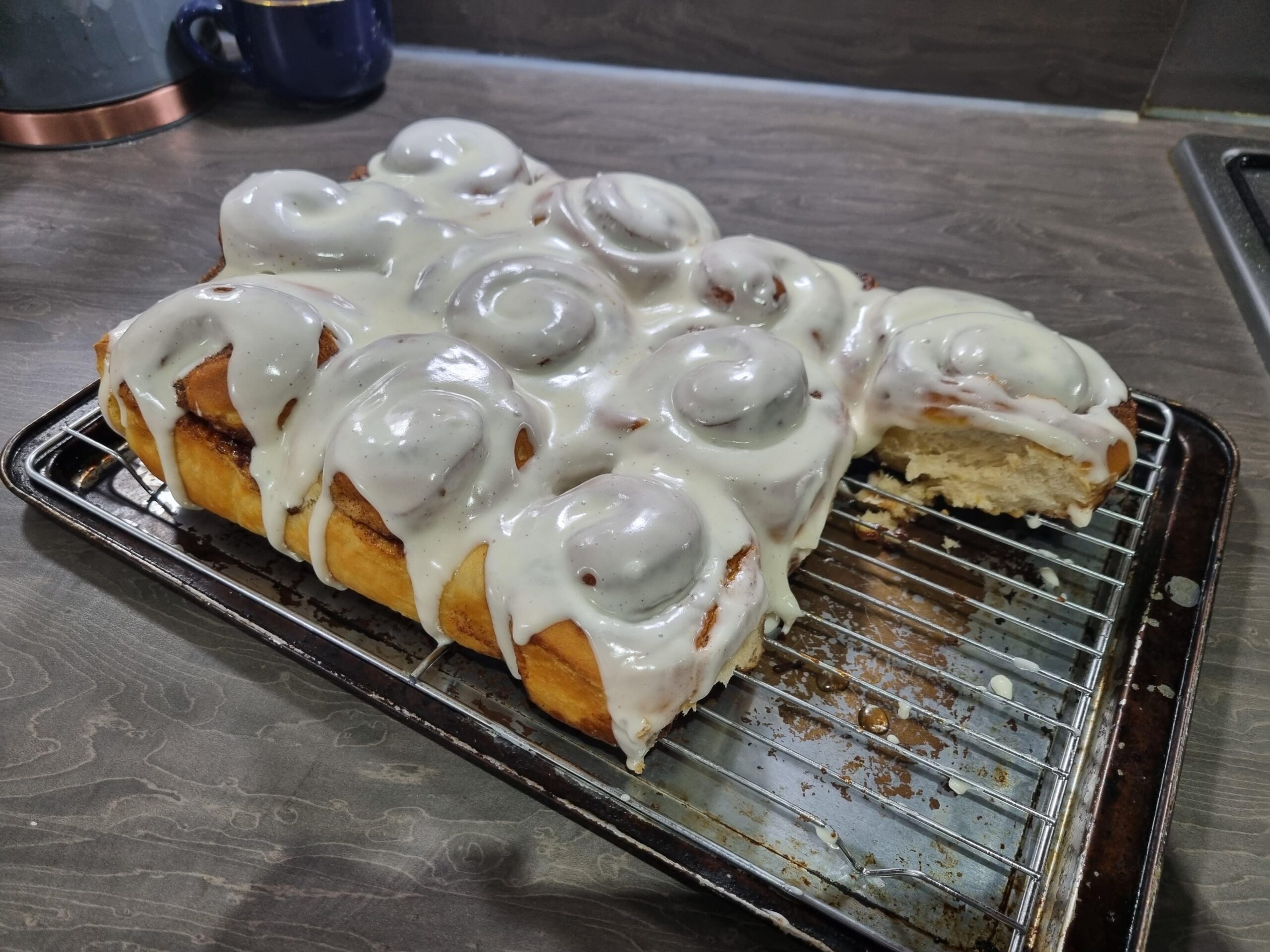 Cinnamon buns with a cream cheese frosting that ended up waaaay too