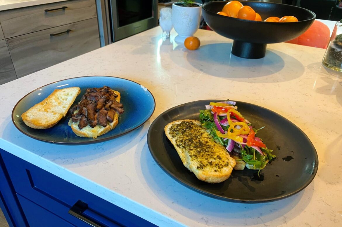 Yesterday's dinner-sandwich; toasted mojo marinated BBQ sirloin on GF bread (before and after toppings)