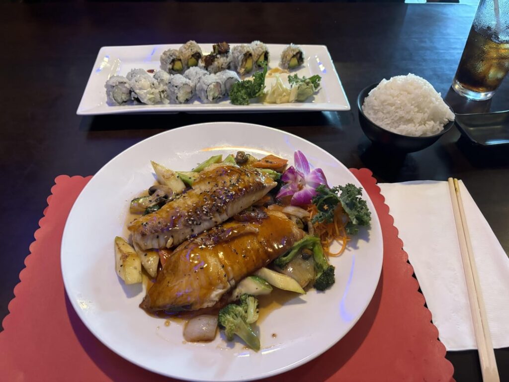 Red snapper terrikayi and sushi rolls