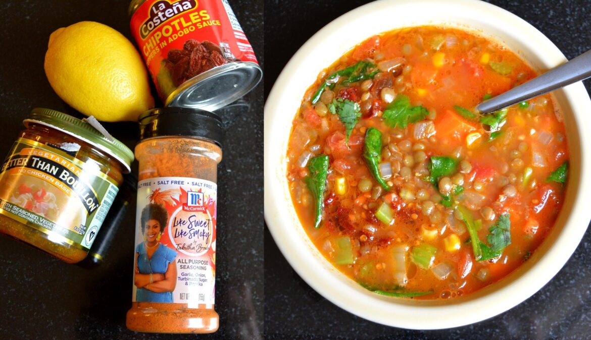 312 calories. Smoky southwest lentil soup with chipotles in adobo sauce for a kick.