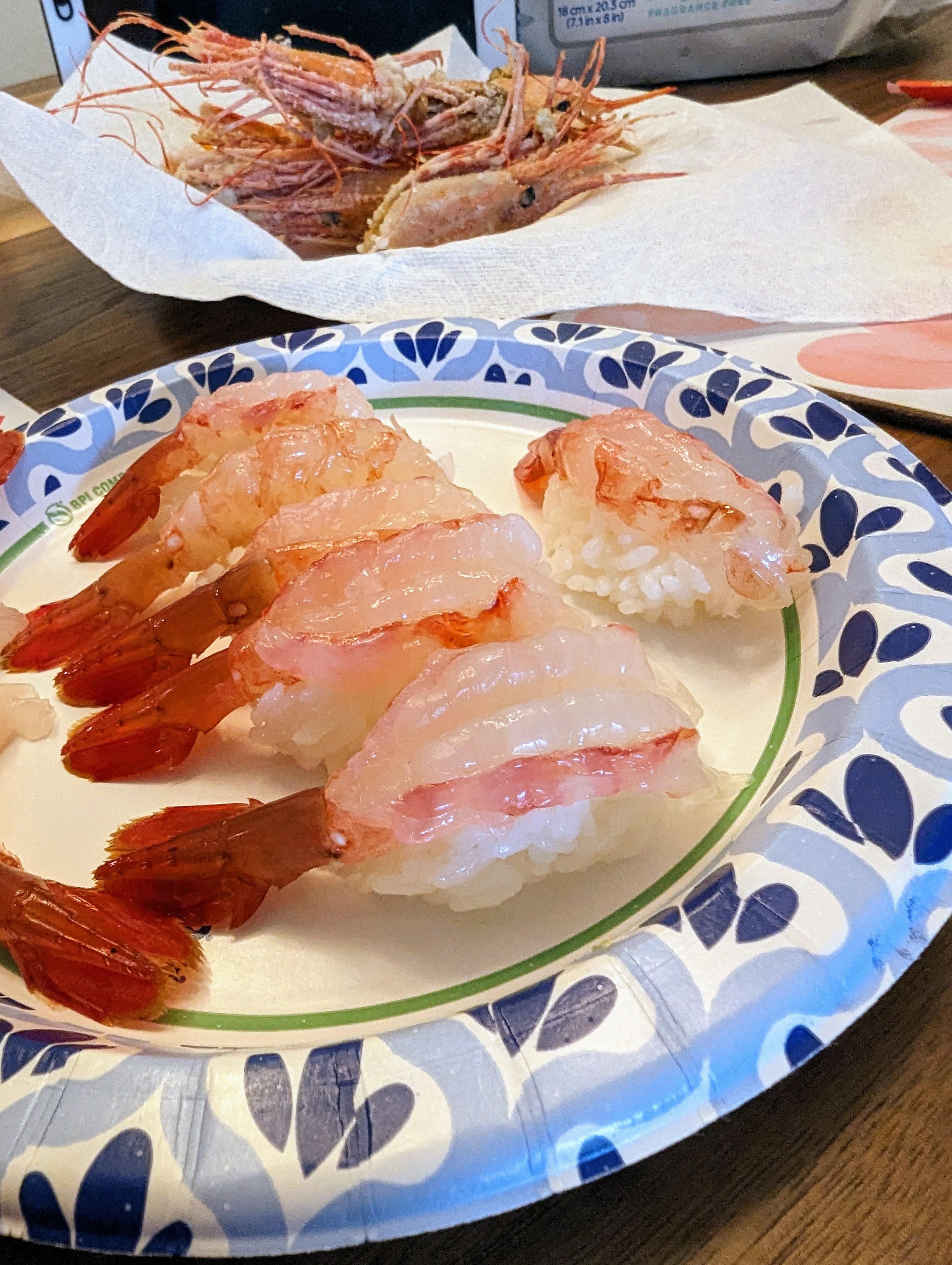 Homemade amaebi (spot prawn sushi) + fried heads Dining and Cooking