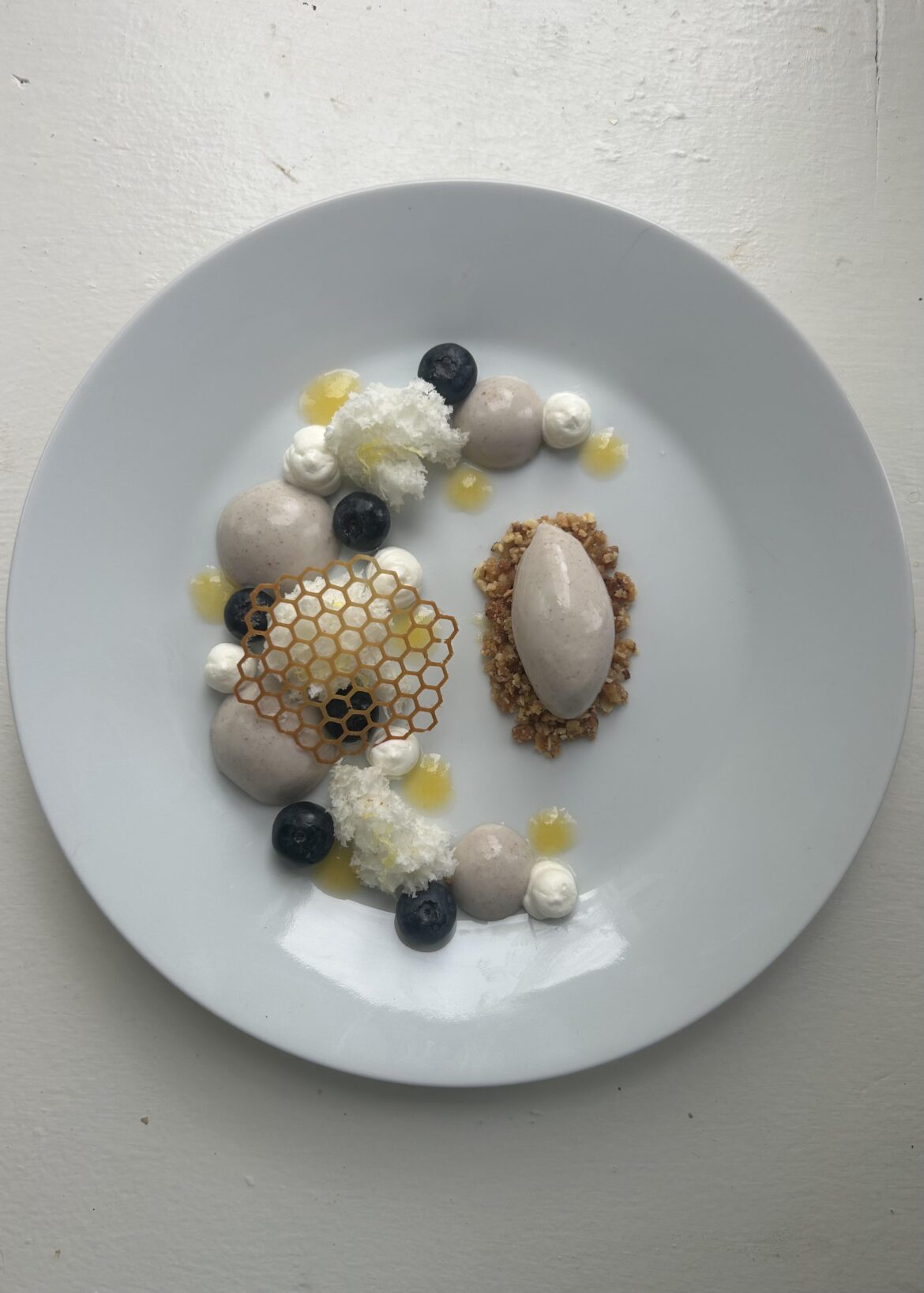 Blueberry panna cotta, vanilla sponge, orange gel, honey crumble & tuile