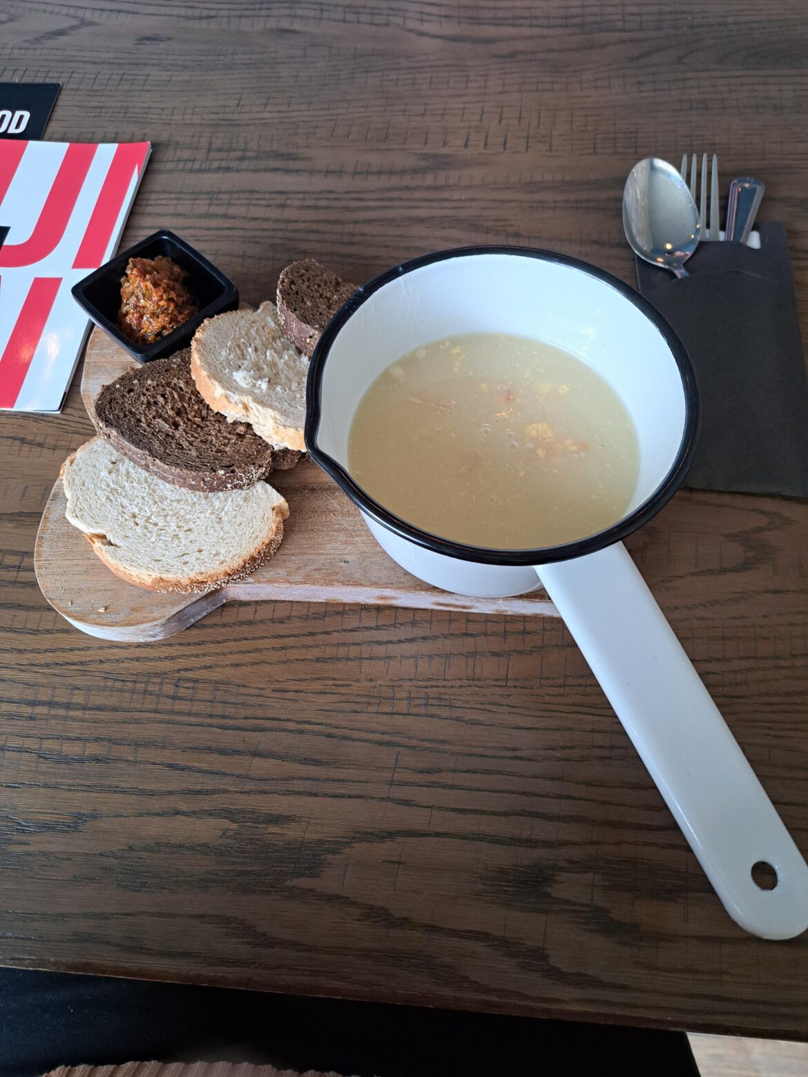 Asparagus soup served in a saucepan