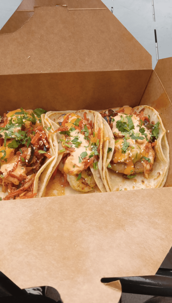 Sesame Garlic Shrimp Tacos from Korean Taqueria Food Stand at Schuylkill Yards