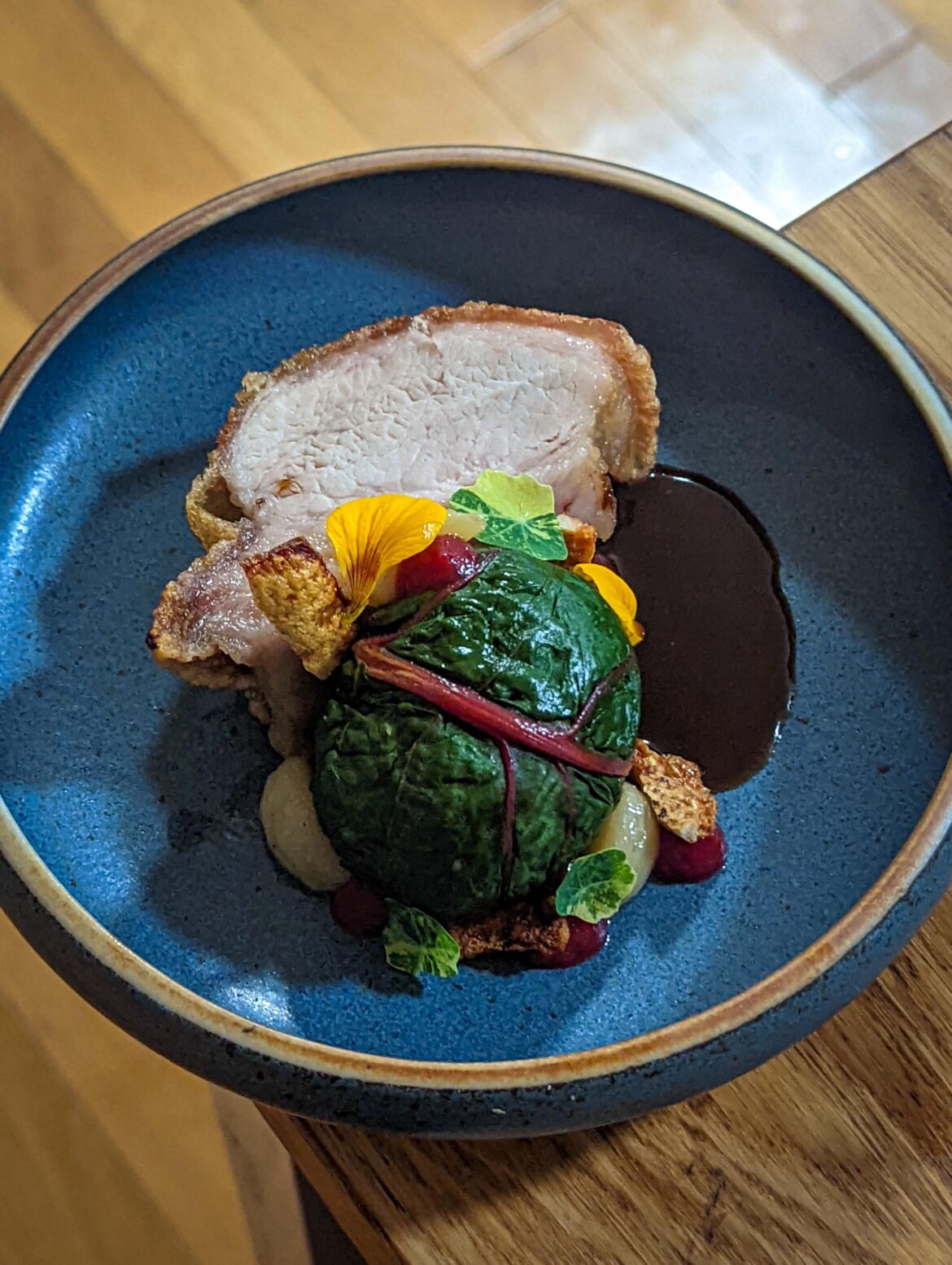 Crispy pork belly with plum rice