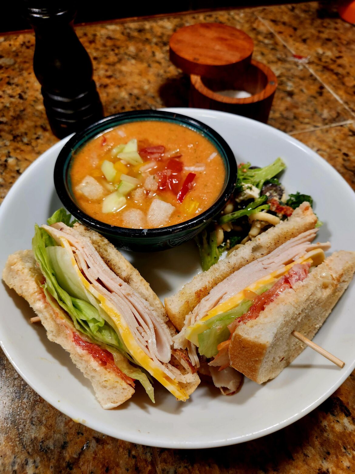 Turkey on toasted garlic sourdough with Colby Jack, side of Gazpacho