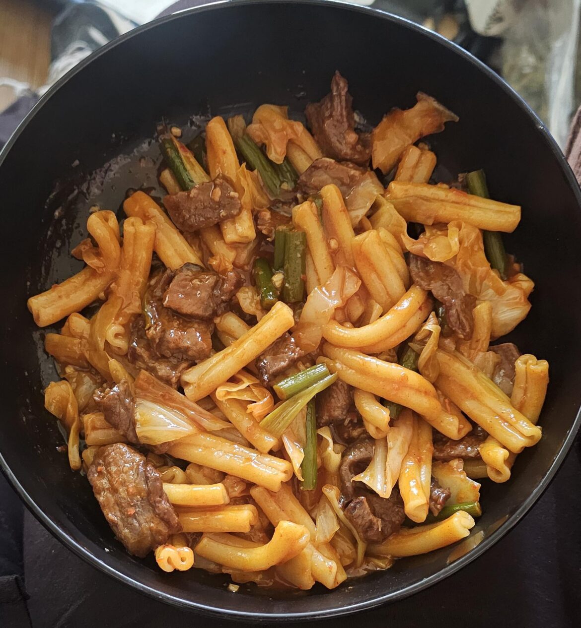 Gochujang noodles with smoked beef and cabbage. So good!