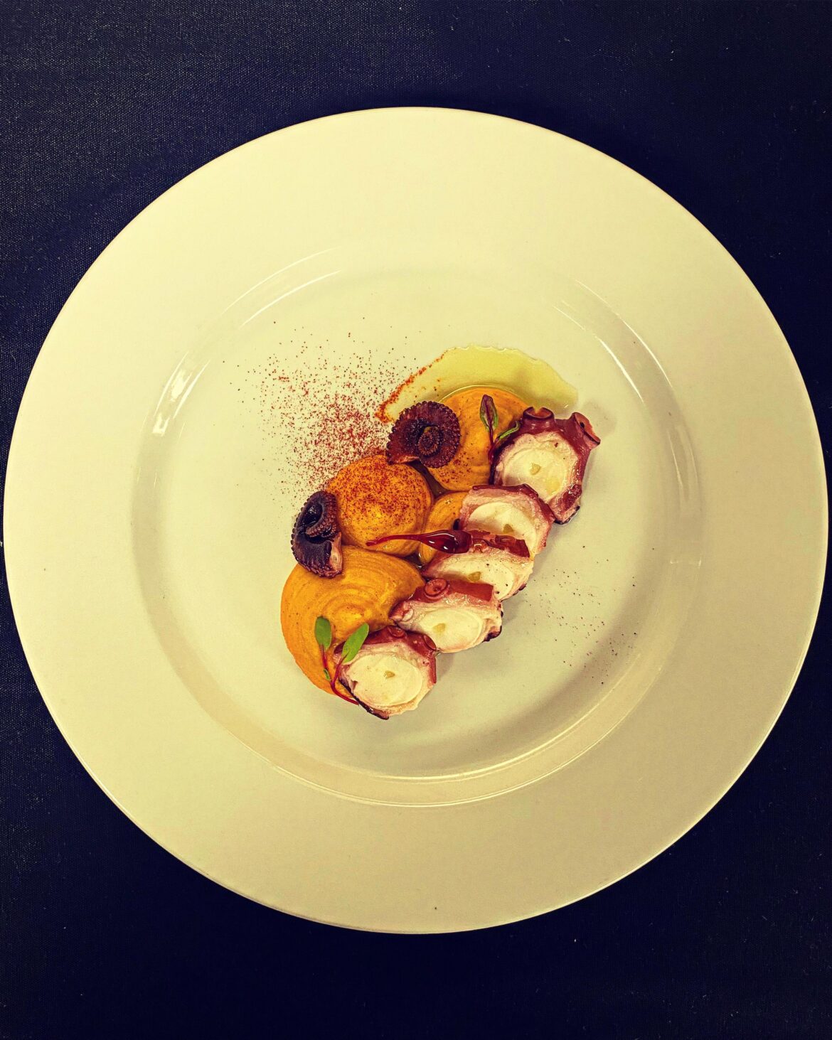 Octopus Confit - Pimenton infused Mashed Potatoes - Morron Pepper Dust