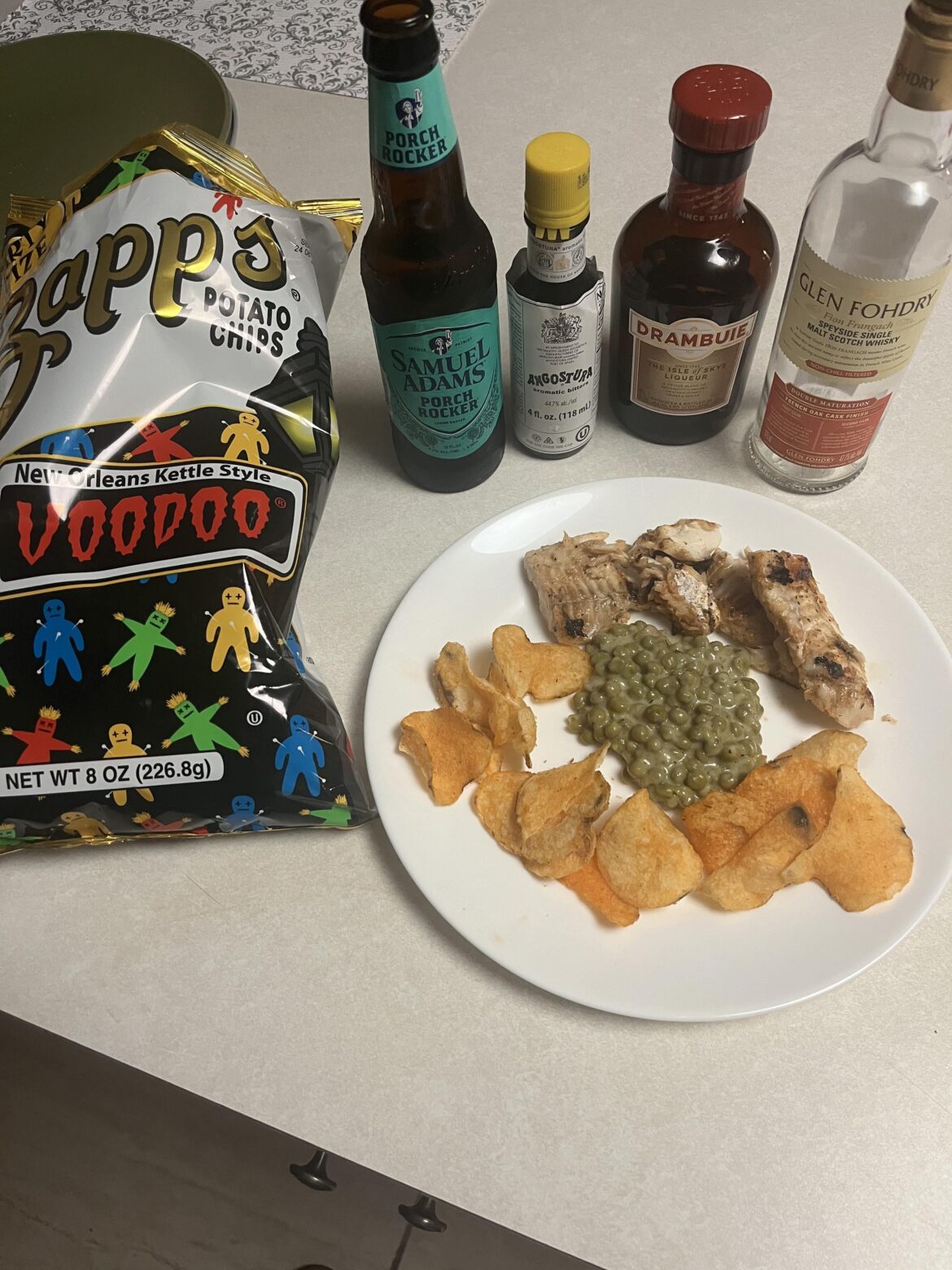 fish n chips n peas whilst porch rocking after a few rusty nails