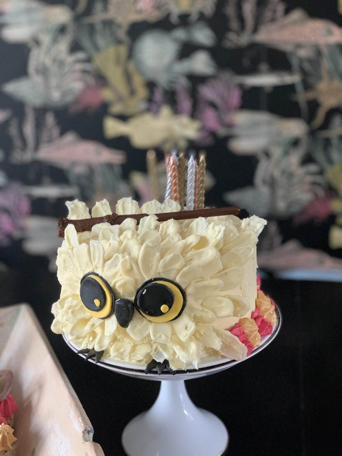 I was going to pipe the feathers on Hedwig but I couldn’t get the mixture right, so I improvised and made chocolate feathers, I think it worked out really well!