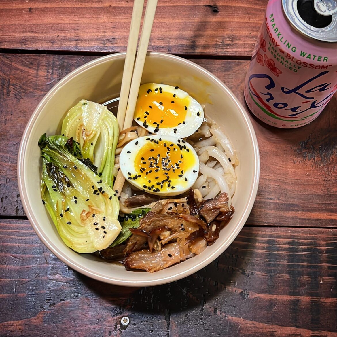 Udon, mushroom/pork broth, pork belly, bok choy, mushrooms, & soft boiled egg.