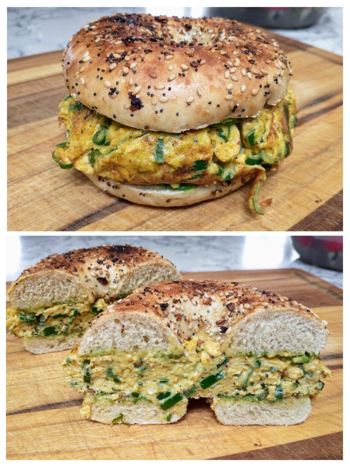 Bagel Egg Sandwich (homemade) - Scrambled Eggs with Spring Onion and Avocado on Everything Bagel.