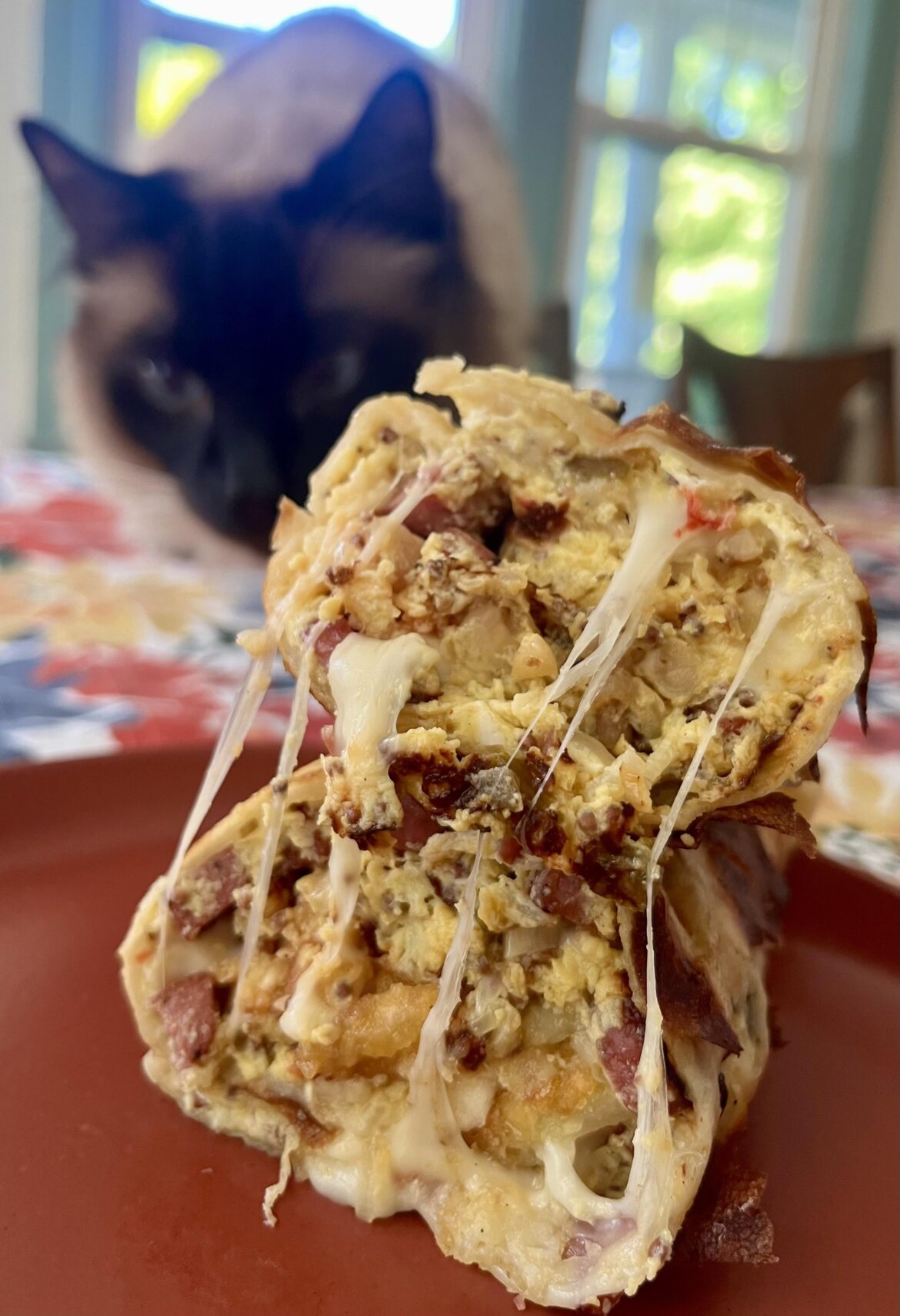 Breakfast burritos are sandwiches, and this one has scrambled eggs, grilled sausage, shallots, peppers, whole-grain mustard, mozzarella, potatoes, and ketchup.