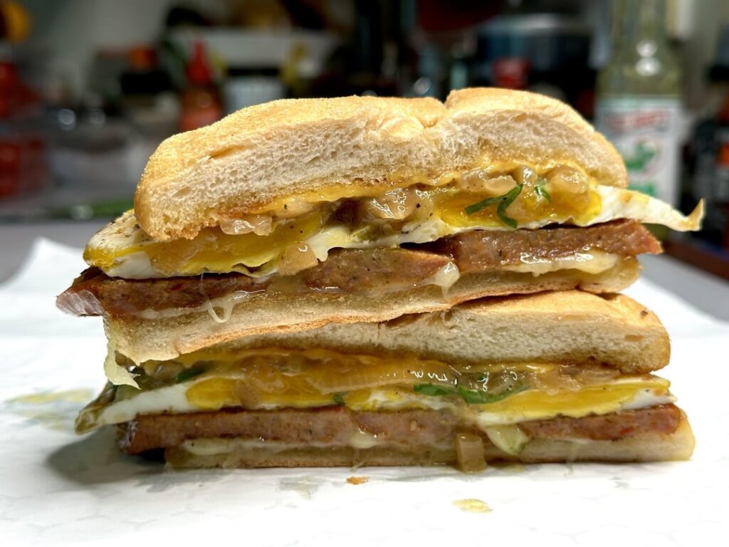 Hot Italian sausage, egg, and cheese breakfast sandwich