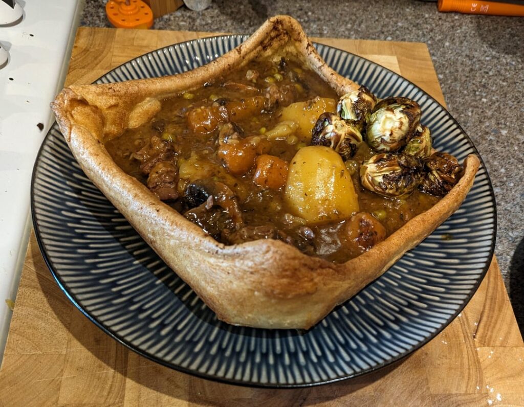 Made a beef and mushroom stew and served it in BIG Yorkshire puddings!