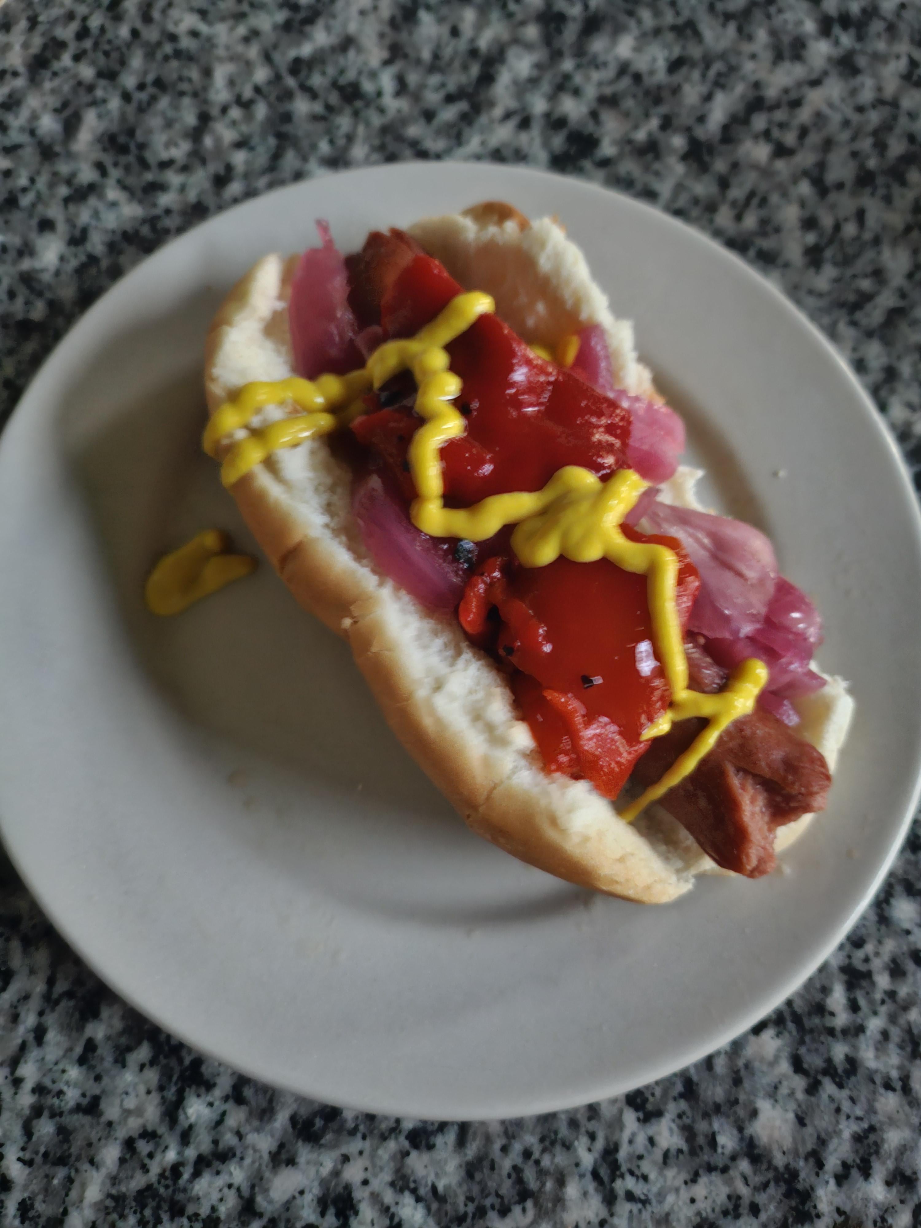 Extra pickled onion, charred red pepper and mustard Dining and Cooking