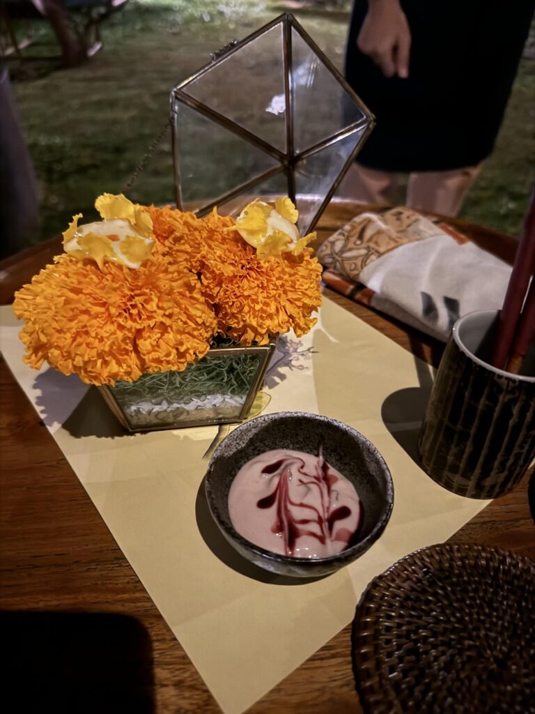 Edible flowers, served on non-edible flowers, followed by edible leaves served on non-edible leaves