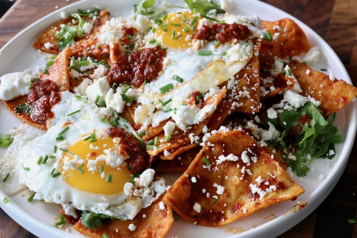 Traditional Mexican Chilaquiles Rojos Breakfast Recipe