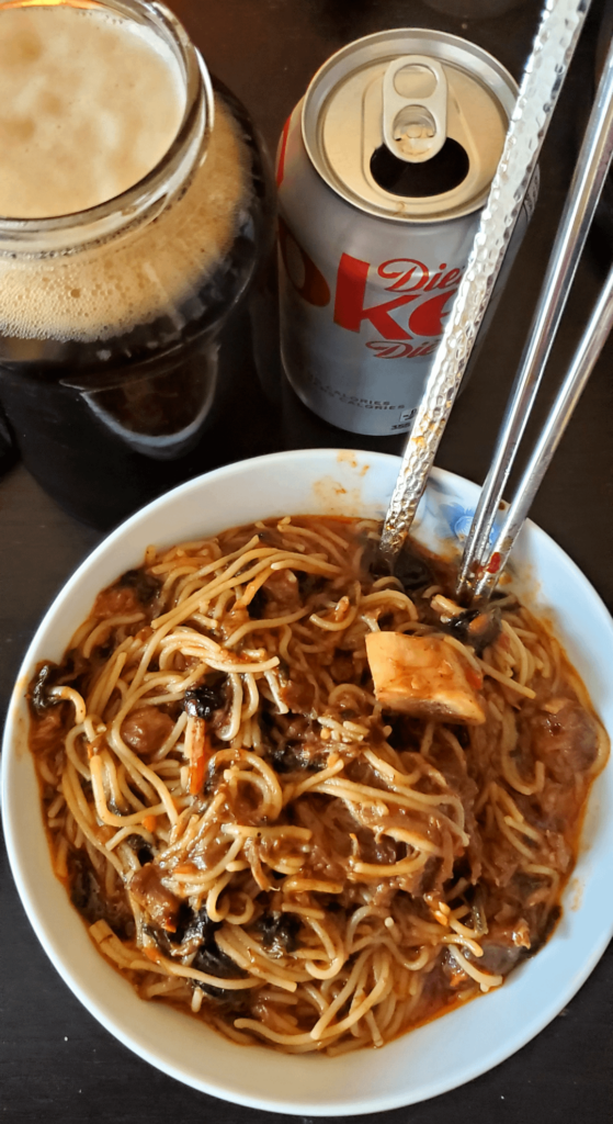 Spicy Short Rib Noodles and Cold Brew coffee with Diet Coke.