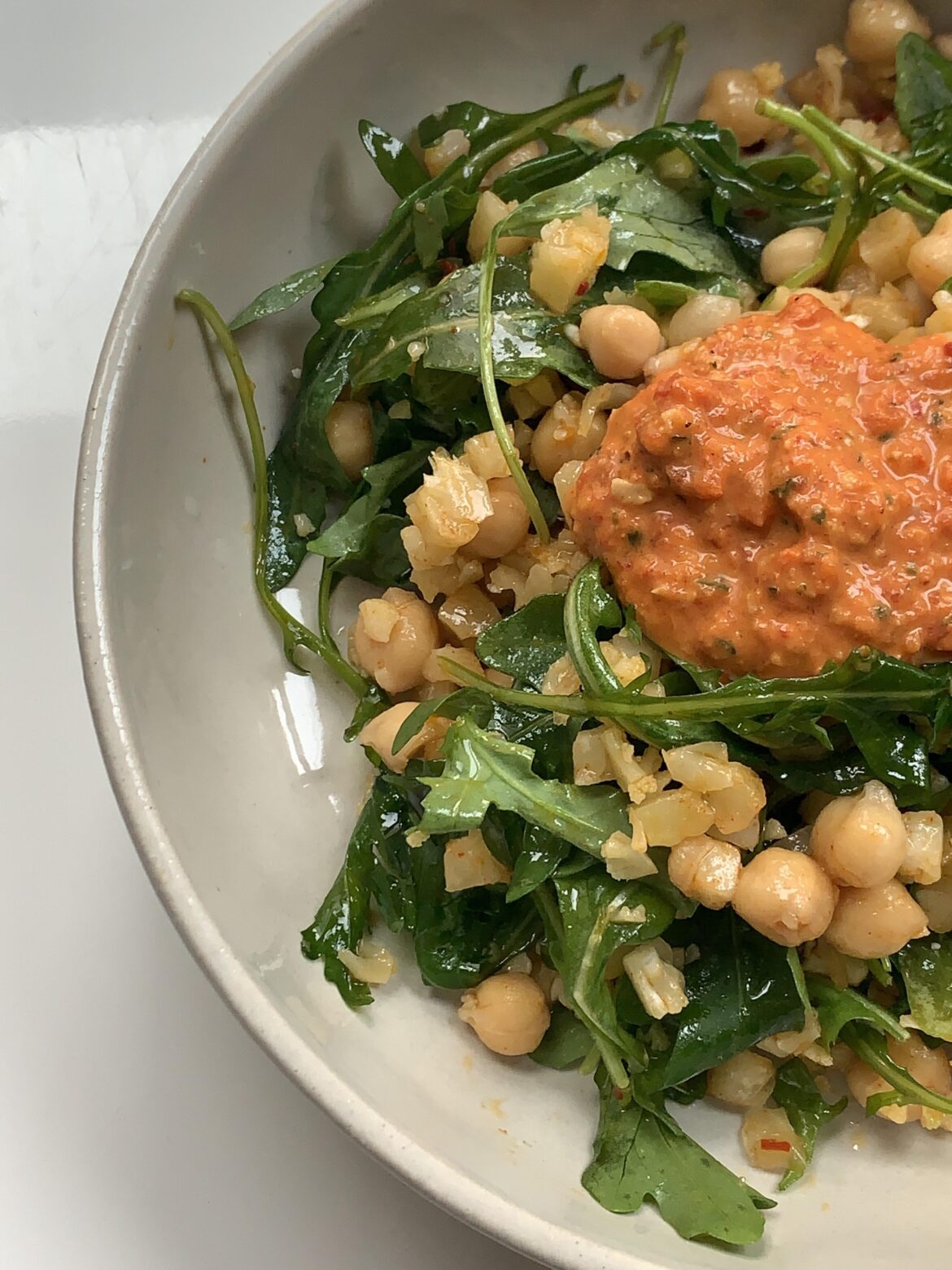 High-Fiber & High-Protein Arugula and Chickpea Bowl with Romesco Sauce