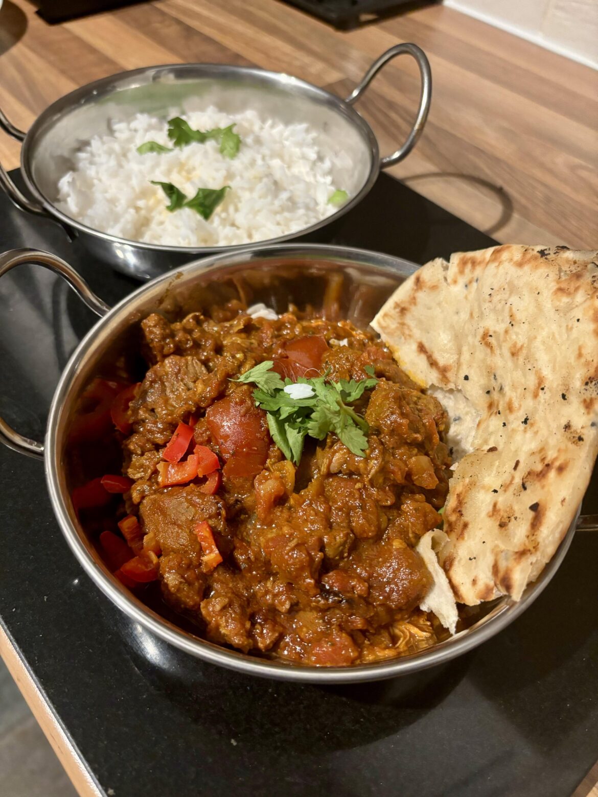 Beef Rogan josh with rice and Nan bread