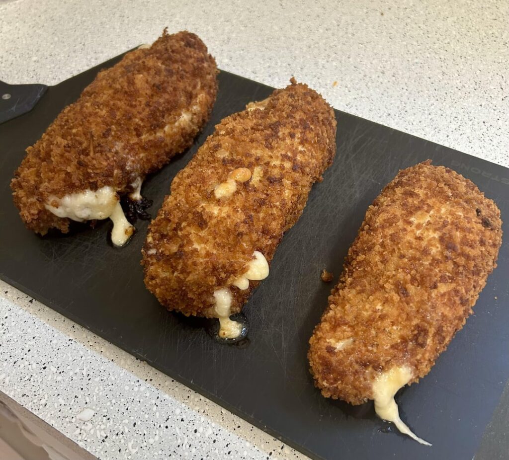 Chicken Cordon Bleu with Mac & Cheese and Steamed Broccoli.