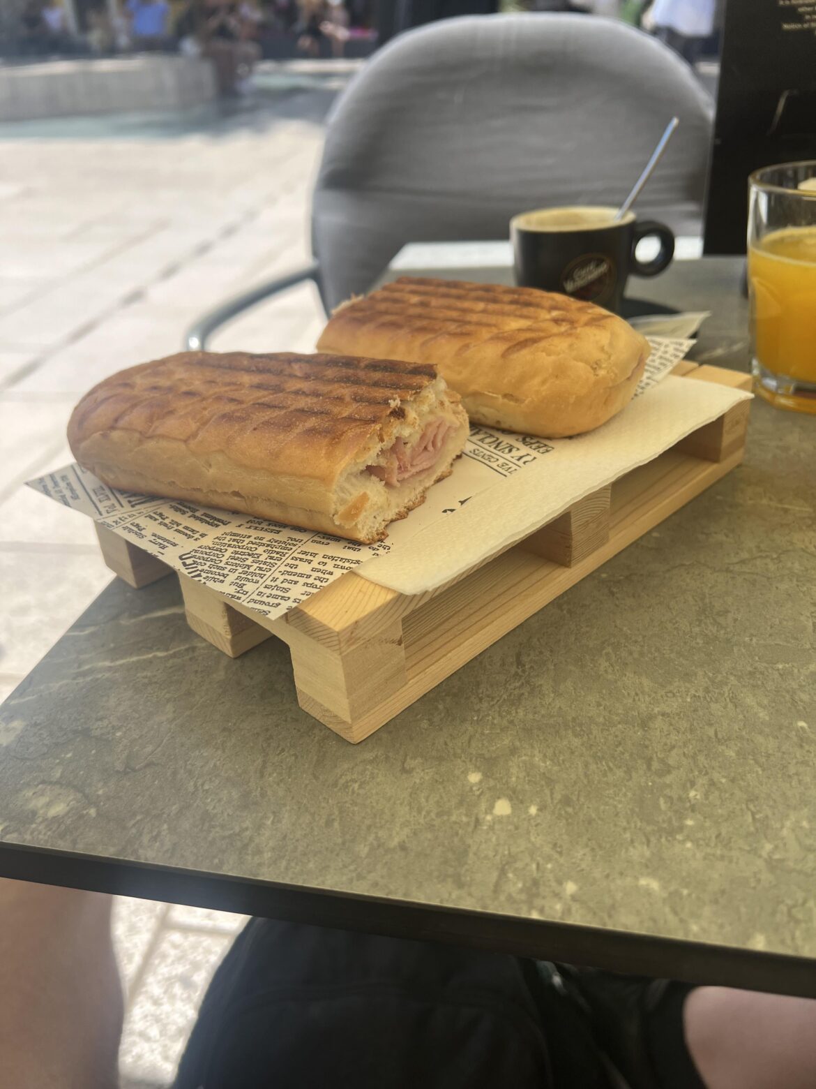 Panini in Zadar, Croatia served on a miniature shipping pallet.