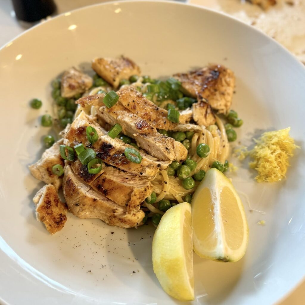 Garlic Chicken & Creamy Lemon Spaghetti with Peas & Scallions