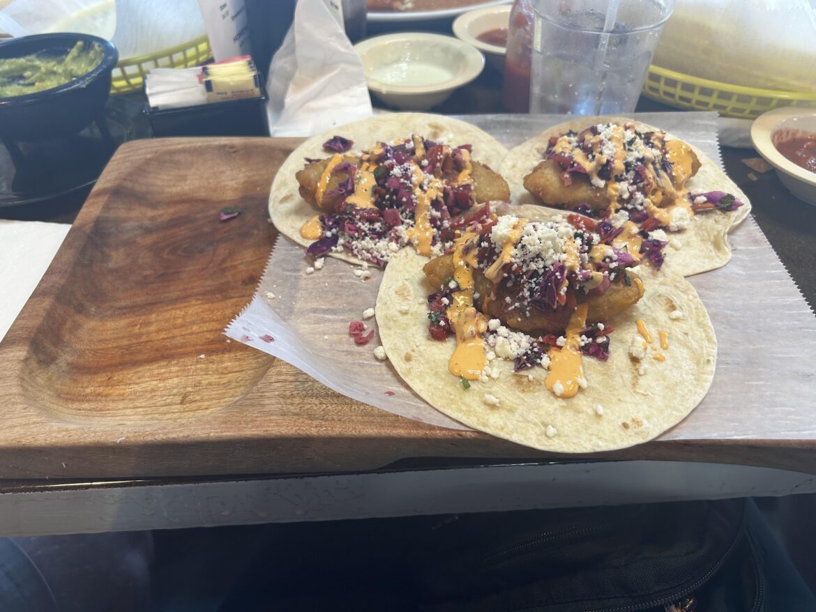 Fish tacos... on a cutting board.