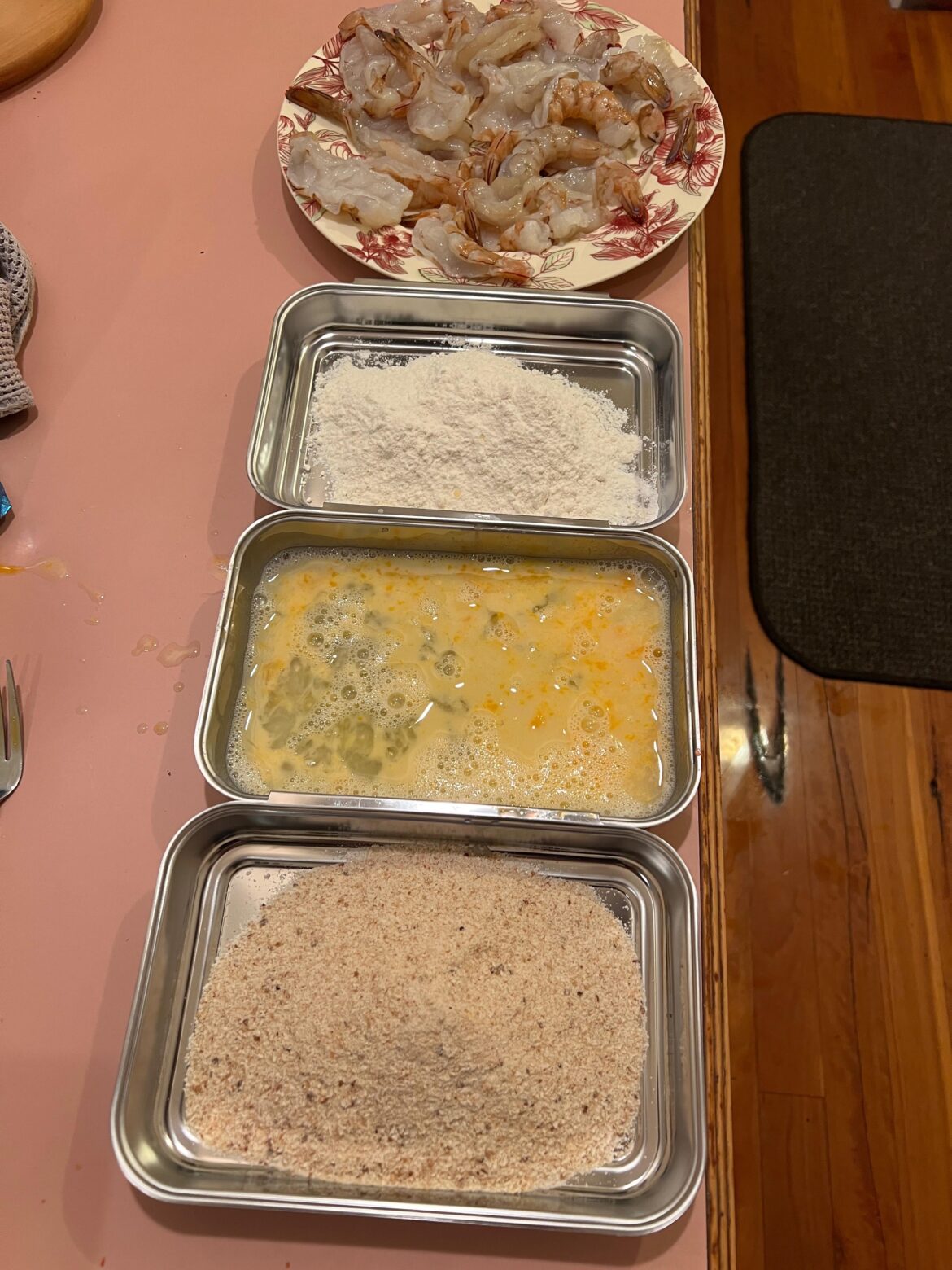 $15 breading station from Amazon rocks! They click together and avoids the mess of seperate bowls.