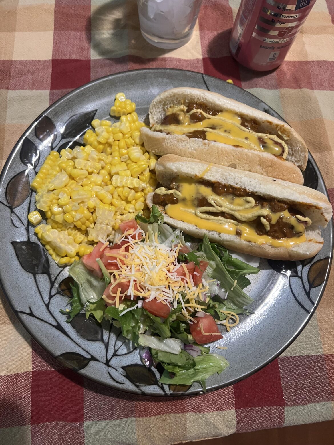 My kid had to have some teeth pulled before the braces went on. Once soft food restrictions were lifted, this was the request. Chili cheese, mustard and onion dogs, corn (off) the cob, and a salad.