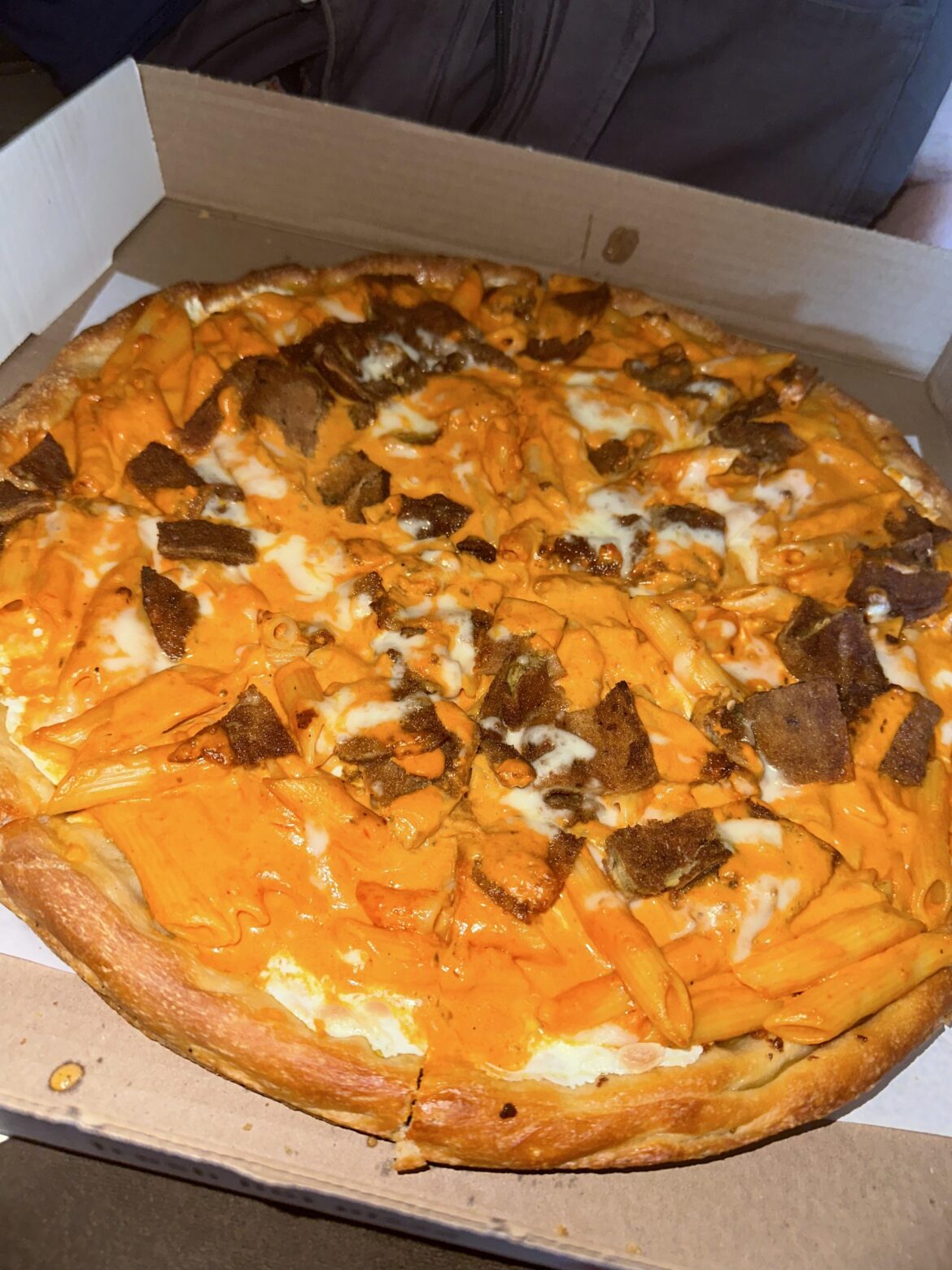 Penne vodka pan pizza with breaded eggplant