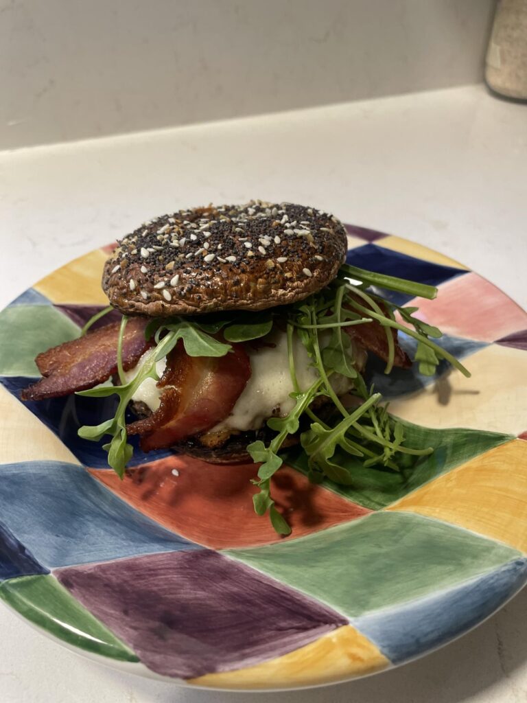 Pesto Bacon Swiss Burgers w/Portobello Buns