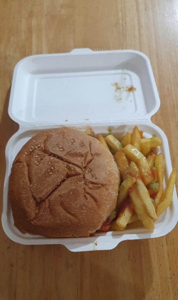 How many calories in this chicken burger with fries - sauces [mayo, chilli and ketchup] - Guessing around 1000?