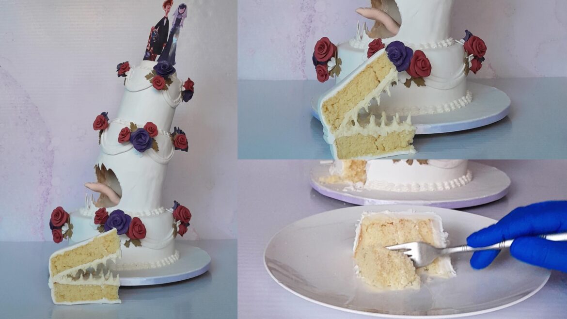 The screaming wedding cake. From Hotel Transylvania 2. Vanilla cake. Took a while to work on but oh so satisfying, despite drying out a bit. Gravity defying floating cake concept for the 3 tier cake.