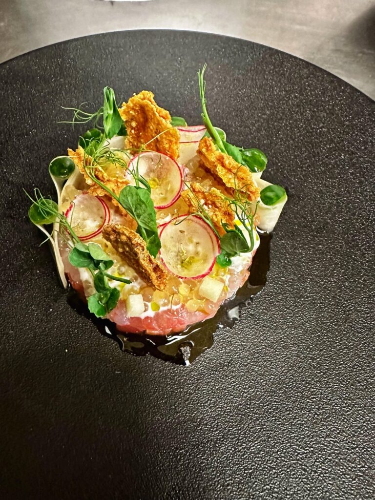 Spot prawn, pickled rutabaga, cucumbers, creme fraiche, gazpacho pearls