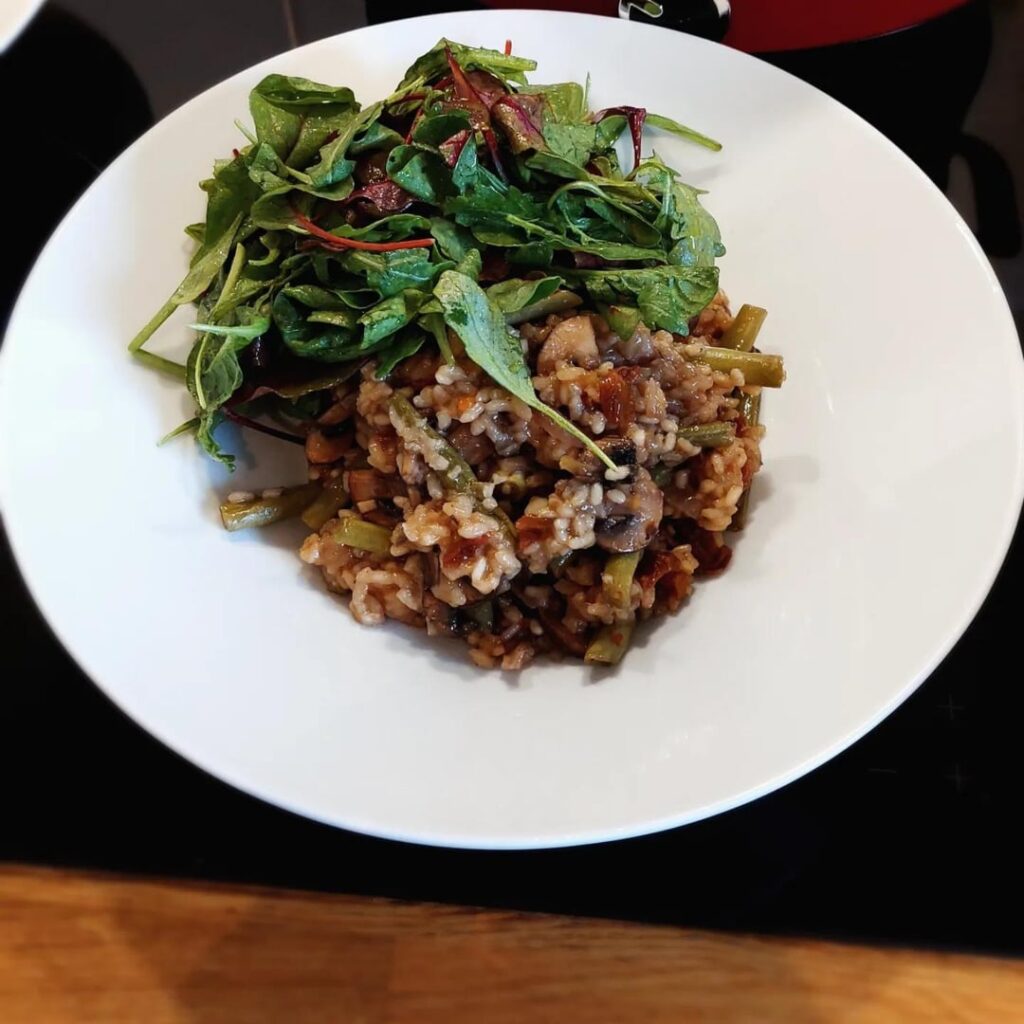 Creamy Mushroom Risotto with Green Beans and dried Tomatoes