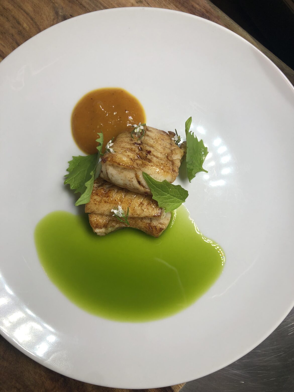 Haddock, feral garlic, basil, bell pepper, fermented spicy mustard greens, and fresh garlic mustard greens. Was hoping the pepper/mustard purée would pop more. I guess it could use some colour in general. Was tasty though.