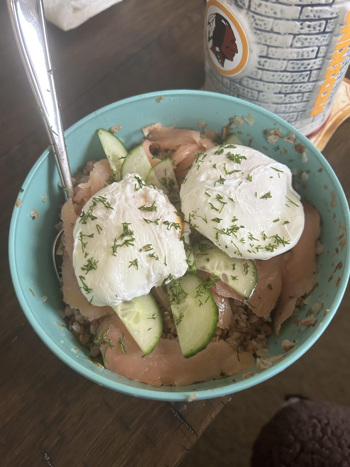 Buckwheat groats, smoked salmon, cucumber, poached eggs and dill!