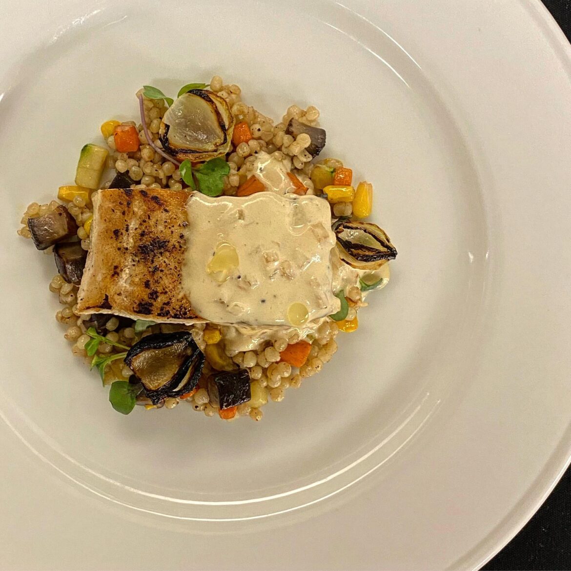 Halibut-Israeli Couscus-Burned Cipollini - Malt Beurre Blanc. Clean.