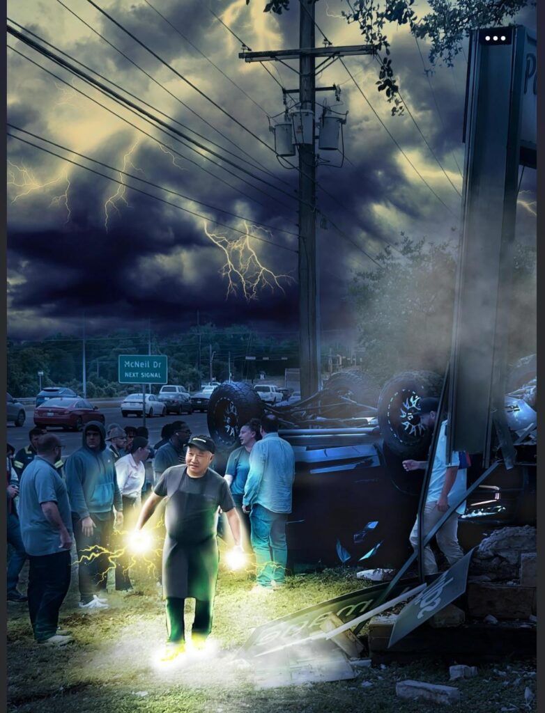 A restaurant chef went out to help at car accident on Palmer (and mopac?) last week and he looked like a super hero so I made him look like one. If anyone knows this lovely man, please show him.